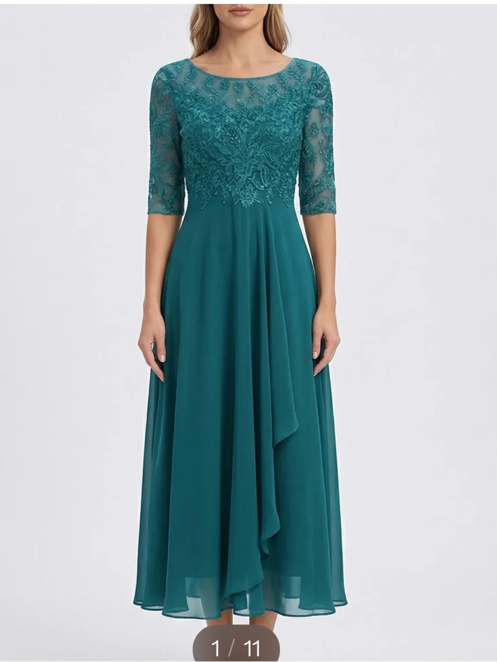 Teal Lace Midi Dress with Sheer Sleeves